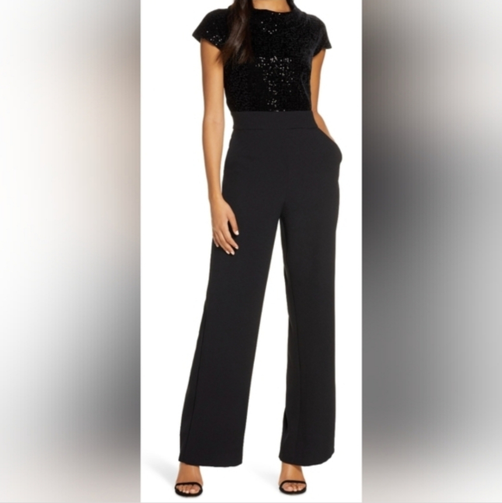 Harper Rose Black Velvet Sequin Bodice Cap Sleeve Jumpsuit Sz 8 Elegant Evening
